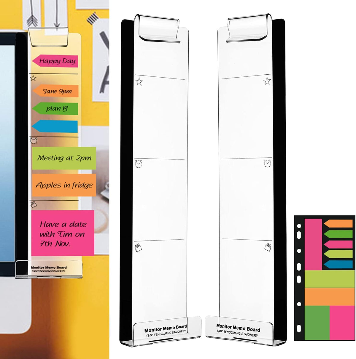 Monitor Memo Boards for Computer, Set of 3 (Left & Right & Bottom) Multifunction Acrylic Screen Message Reminder Pad Side Panels Phone Holder - Utility Organizer for Office Desktop, with Sticky Notes