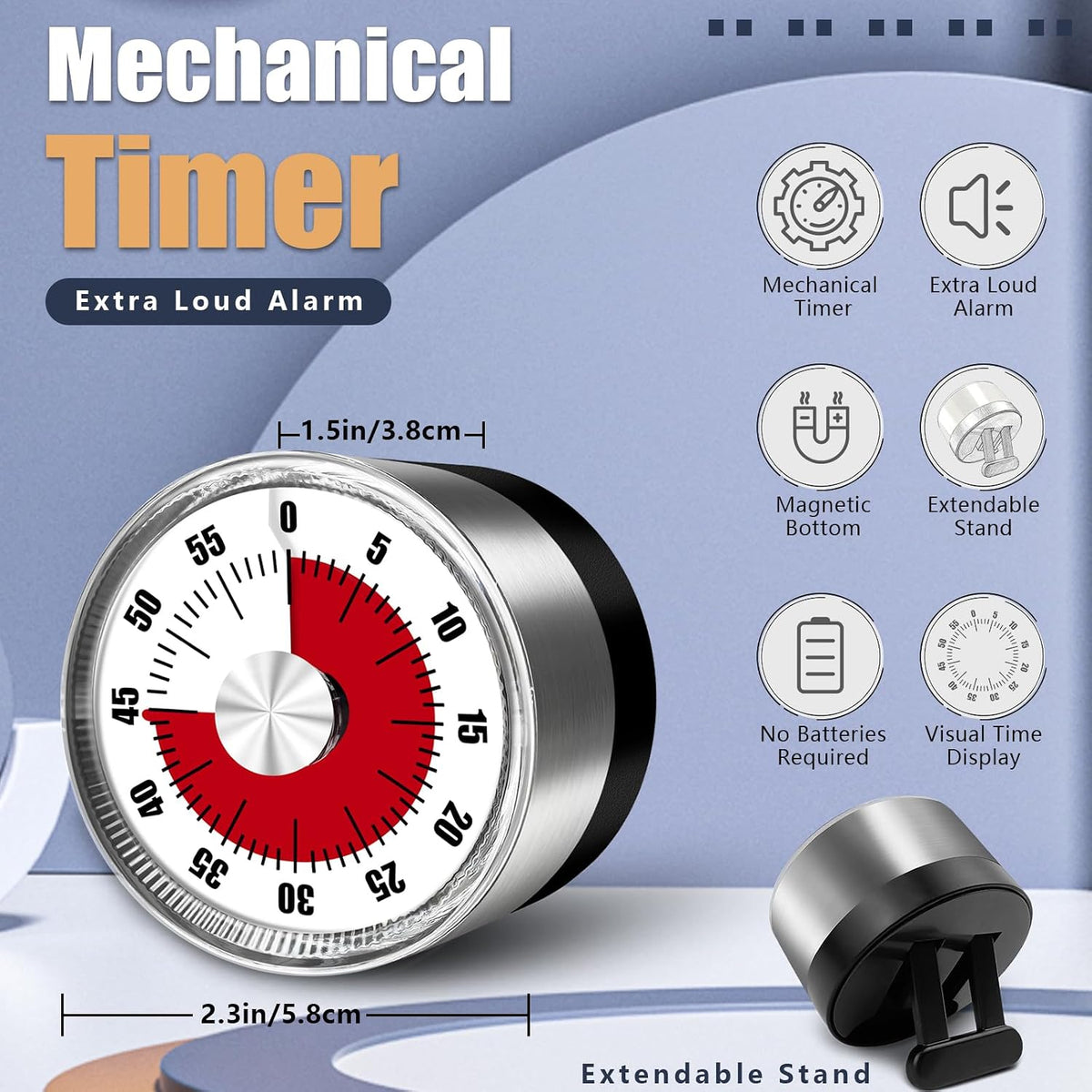 Kitchen Timers for Cooking, 0-60 Minute Visual Timer for Kids, Manual Cooking Magnetic Timer with Loud Alarm, Mechanical Stainless Steel Time Management for Classroom Desk Office for Office, Black