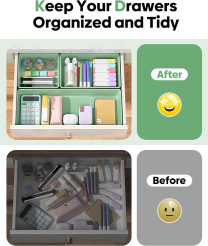 10 Pack Large Size Plastic Drawer Organizers Set, 3 Sizes Desk Drawer Organizer Trays, Storage Bins for Vanity, Makeup, Bathroom, Kitchen Utensils and Office (Black)