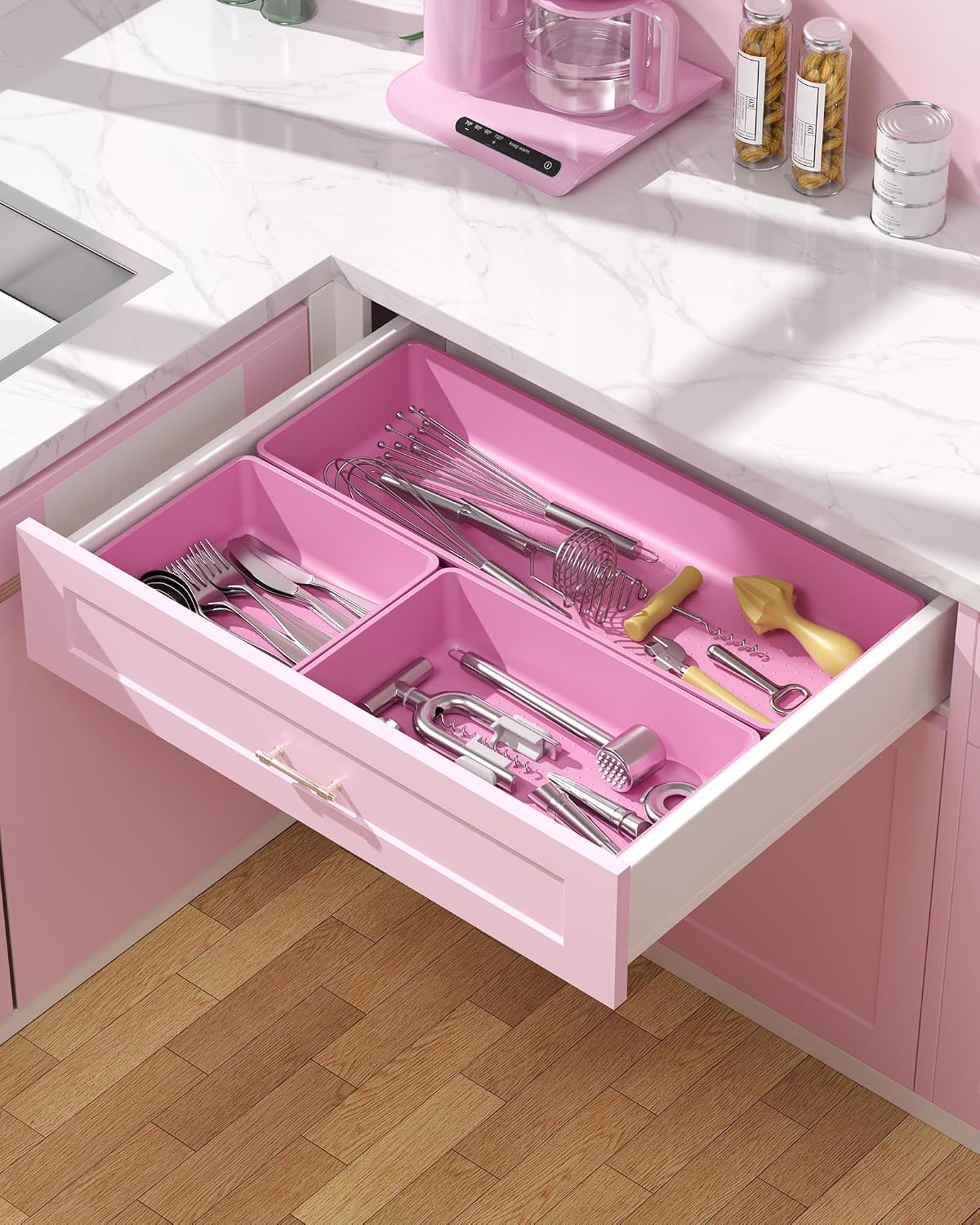 10 Pack Large Size Plastic Drawer Organizers Set, 3 Sizes Desk Drawer Organizer Trays, Storage Bins for Vanity, Makeup, Bathroom, Kitchen Utensils and Office (Black)