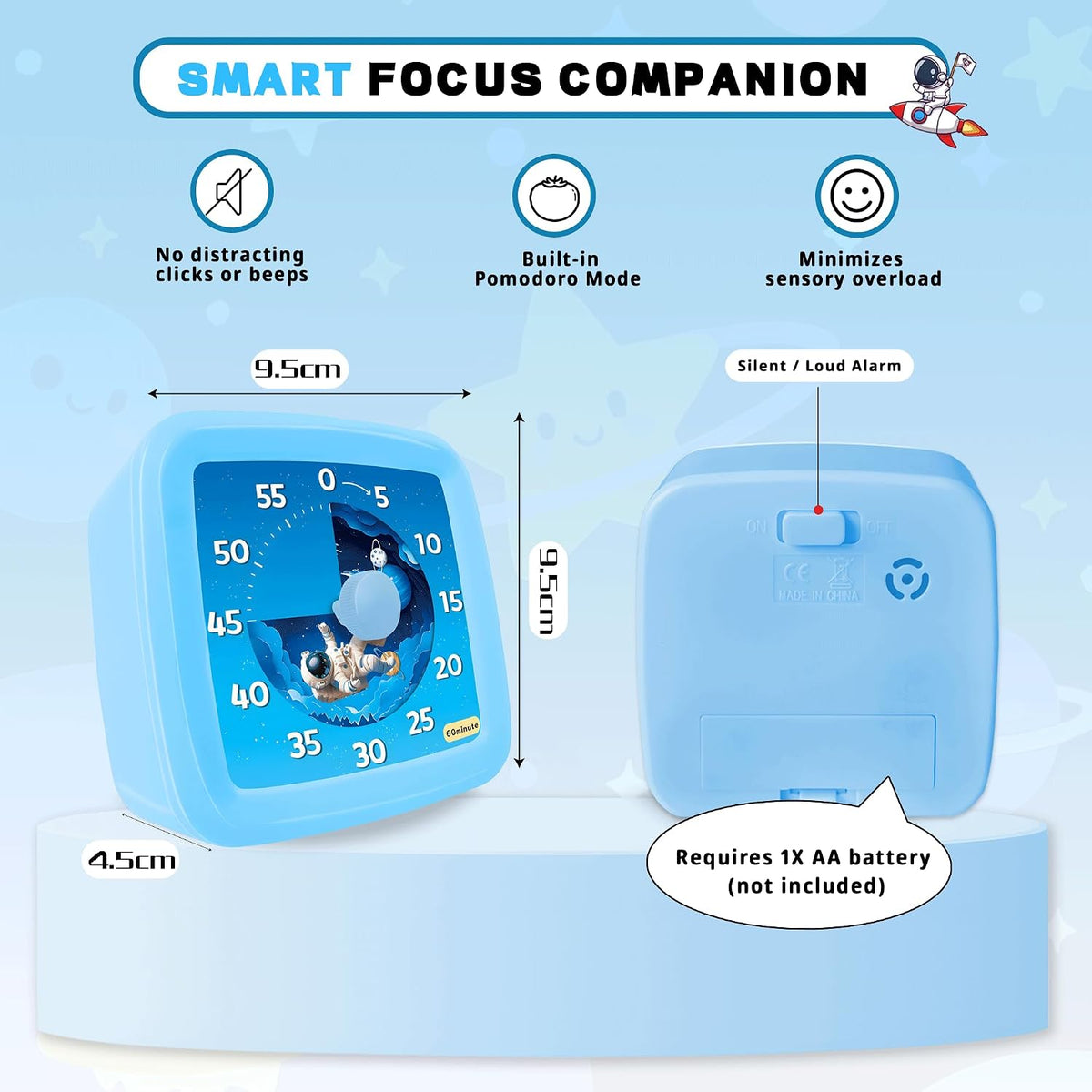 Visual Timer for Kids, 60-Minute Countdown Timer for Classroom Office Kitchen, Pomodoro Timer Spaceman Pattern, Time Management Tools with Silent Operation,Desk Time Clock for Kids and Adults