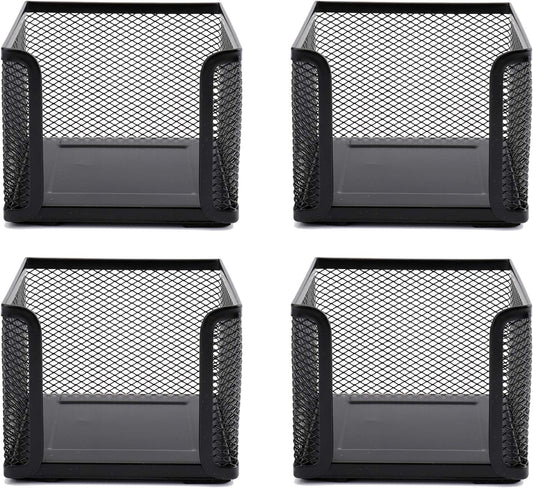 4 Pack Mesh Memo Holder, 4 x 4 Inch Black Metal Mesh Sticky Note Dispenser Cube Memo Pad Holder for Pen, Pencil, Paperclip, Thumbtack, Desk Organizer for Office Home School