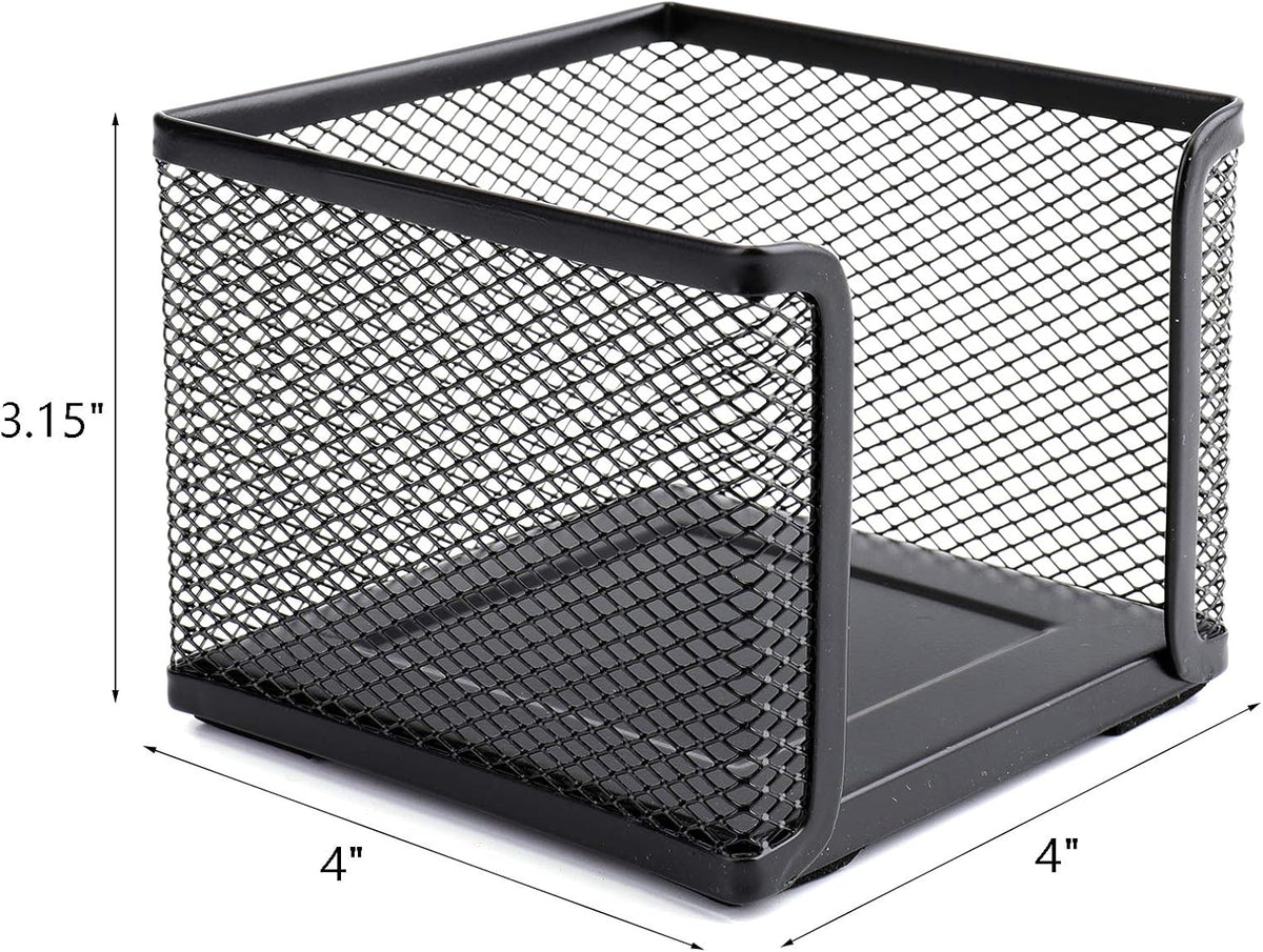 4 Pack Mesh Memo Holder, 4 x 4 Inch Black Metal Mesh Sticky Note Dispenser Cube Memo Pad Holder for Pen, Pencil, Paperclip, Thumbtack, Desk Organizer for Office Home School