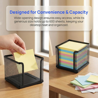 4 Pack Mesh Memo Holder, 4 x 4 Inch Black Metal Mesh Sticky Note Dispenser Cube Memo Pad Holder for Pen, Pencil, Paperclip, Thumbtack, Desk Organizer for Office Home School