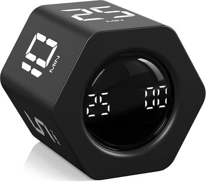 Rotating Productivity Timer 5, 25, 10 30,60 Mins Preset Stopwatch, Desk Flip ProductivityTimer, ADHD Tool Hexagon, Vibration/Mute/Alarm, for Work, Study, Back to School, Kitchen, Black