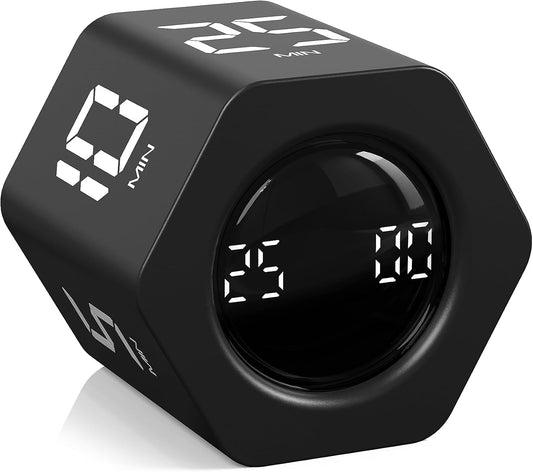 Rotating Productivity Timer 5, 25, 10 30,60 Mins Preset Stopwatch, Desk Flip ProductivityTimer, ADHD Tool Hexagon, Vibration/Mute/Alarm, for Work, Study, Back to School, Kitchen, Black