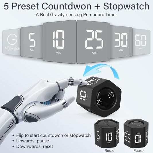 Rotating Productivity Timer 5, 25, 10 30,60 Mins Preset Stopwatch, Desk Flip ProductivityTimer, ADHD Tool Hexagon, Vibration/Mute/Alarm, for Work, Study, Back to School, Kitchen, Black