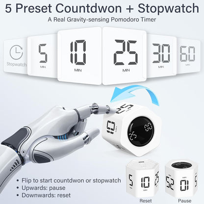 Rotating Productivity Timer 5, 25, 10 30,60 Mins Preset Stopwatch, Desk Flip ProductivityTimer, ADHD Tool Hexagon, Vibration/Mute/Alarm, for Work, Study, Back to School, Kitchen, Black