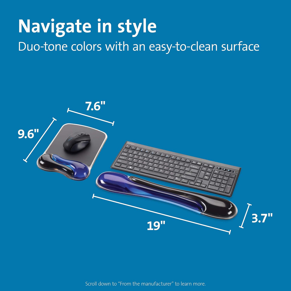 Duo Gel Mouse Pad with Wrist Rest, Ergonomic Wrist Support for Pain Relief, Comfortable Non-Skid Gel Pad for Computer, Laptop, Office & Home 9.6" x 7.6", Blue K62401AM