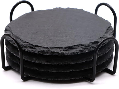 Round Slate Drink Coasters Set, 4 Inch Laser Engraving Black Slate Stone Coasters with Anti-Scratch Bottom and Coaster Holder for Office Bar Kitchen Home Dinner Table Decor Supplies