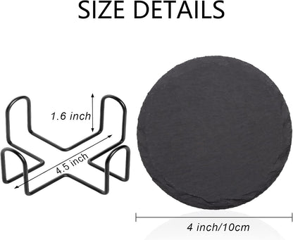 Round Slate Drink Coasters Set, 4 Inch Laser Engraving Black Slate Stone Coasters with Anti-Scratch Bottom and Coaster Holder for Office Bar Kitchen Home Dinner Table Decor Supplies