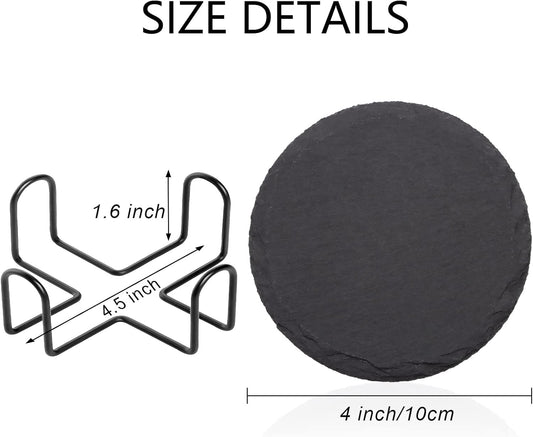 Round Slate Drink Coasters Set, 4 Inch Laser Engraving Black Slate Stone Coasters with Anti-Scratch Bottom and Coaster Holder for Office Bar Kitchen Home Dinner Table Decor Supplies