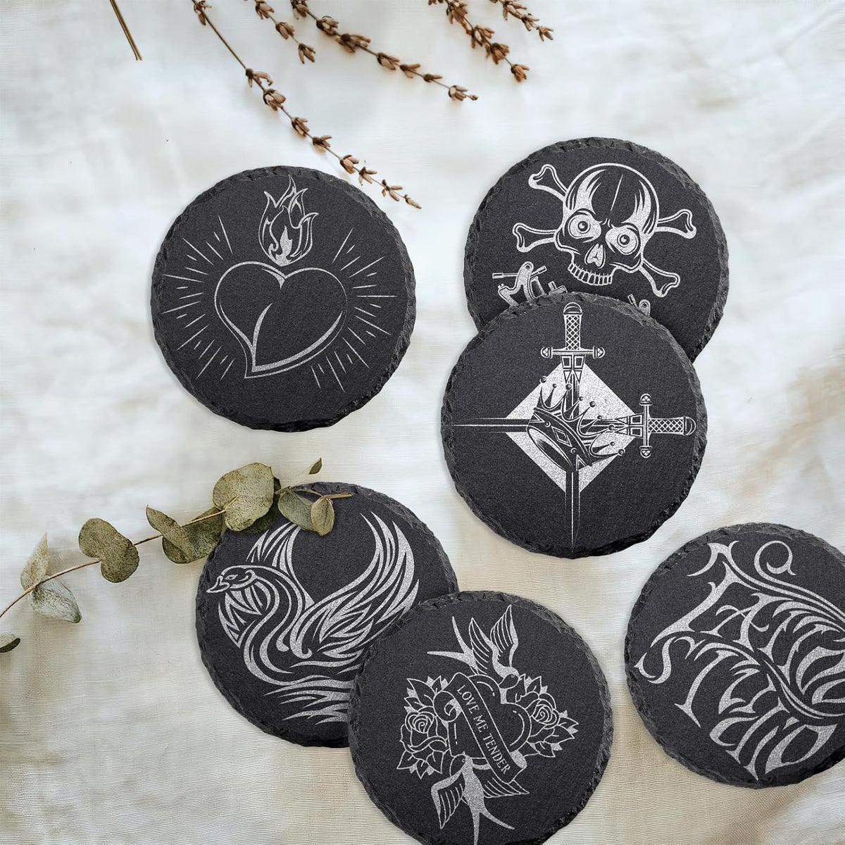 Round Slate Drink Coasters Set, 4 Inch Laser Engraving Black Slate Stone Coasters with Anti-Scratch Bottom and Coaster Holder for Office Bar Kitchen Home Dinner Table Decor Supplies