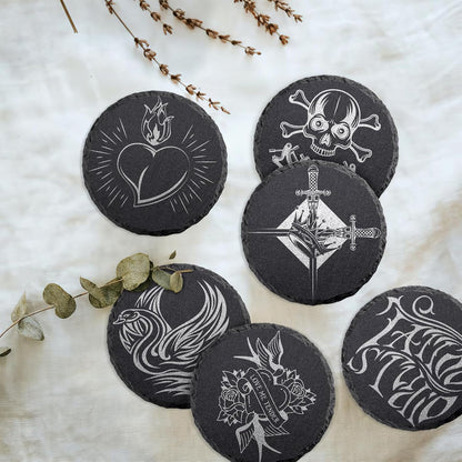 Round Slate Drink Coasters Set, 4 Inch Laser Engraving Black Slate Stone Coasters with Anti-Scratch Bottom and Coaster Holder for Office Bar Kitchen Home Dinner Table Decor Supplies