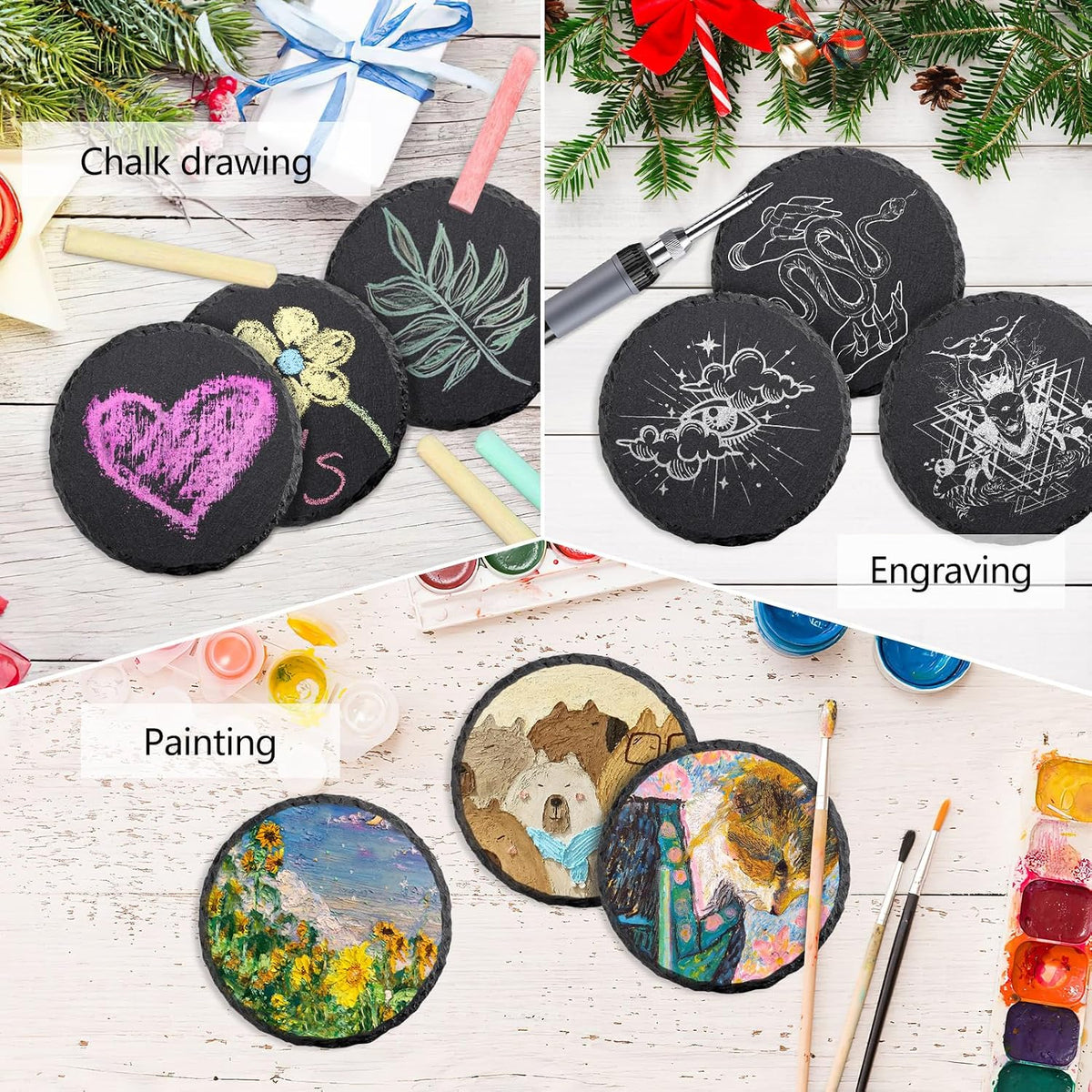 Round Slate Drink Coasters Set, 4 Inch Laser Engraving Black Slate Stone Coasters with Anti-Scratch Bottom and Coaster Holder for Office Bar Kitchen Home Dinner Table Decor Supplies