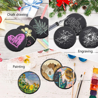 Round Slate Drink Coasters Set, 4 Inch Laser Engraving Black Slate Stone Coasters with Anti-Scratch Bottom and Coaster Holder for Office Bar Kitchen Home Dinner Table Decor Supplies