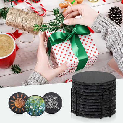 Round Slate Drink Coasters Set, 4 Inch Laser Engraving Black Slate Stone Coasters with Anti-Scratch Bottom and Coaster Holder for Office Bar Kitchen Home Dinner Table Decor Supplies