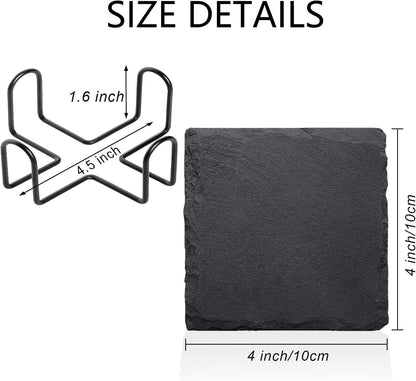 Round Slate Drink Coasters Set, 4 Inch Laser Engraving Black Slate Stone Coasters with Anti-Scratch Bottom and Coaster Holder for Office Bar Kitchen Home Dinner Table Decor Supplies