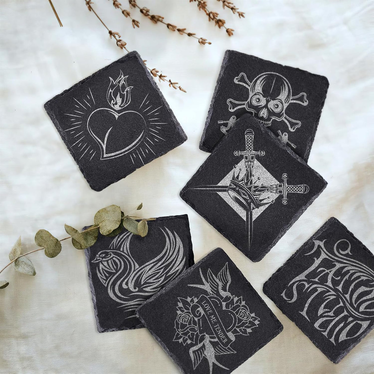 Round Slate Drink Coasters Set, 4 Inch Laser Engraving Black Slate Stone Coasters with Anti-Scratch Bottom and Coaster Holder for Office Bar Kitchen Home Dinner Table Decor Supplies