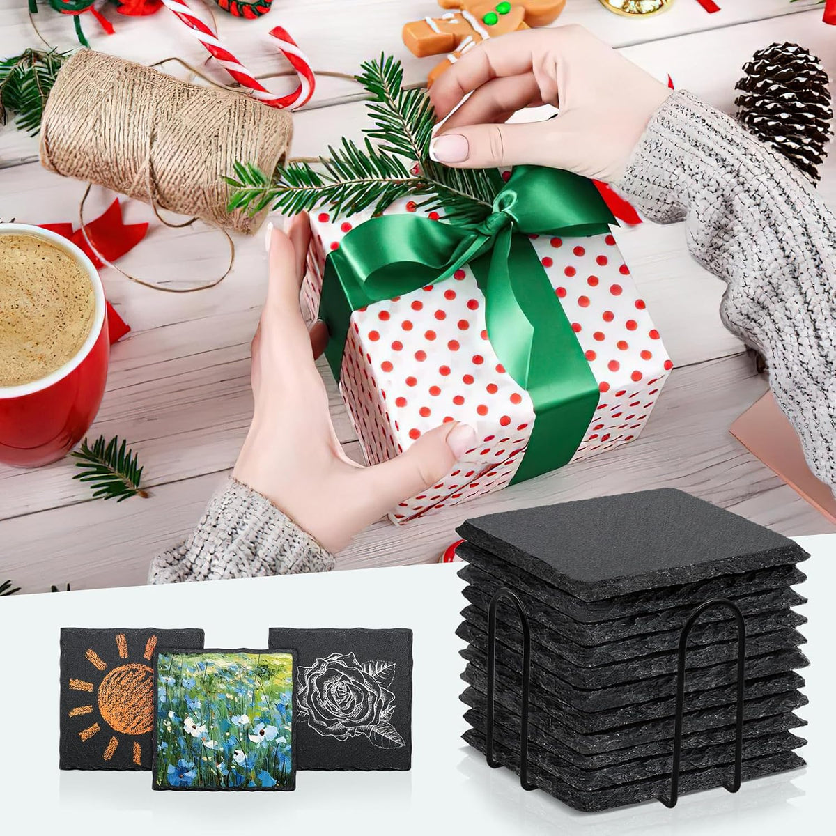 Round Slate Drink Coasters Set, 4 Inch Laser Engraving Black Slate Stone Coasters with Anti-Scratch Bottom and Coaster Holder for Office Bar Kitchen Home Dinner Table Decor Supplies