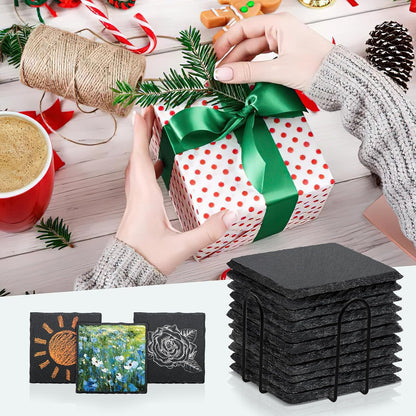 Round Slate Drink Coasters Set, 4 Inch Laser Engraving Black Slate Stone Coasters with Anti-Scratch Bottom and Coaster Holder for Office Bar Kitchen Home Dinner Table Decor Supplies