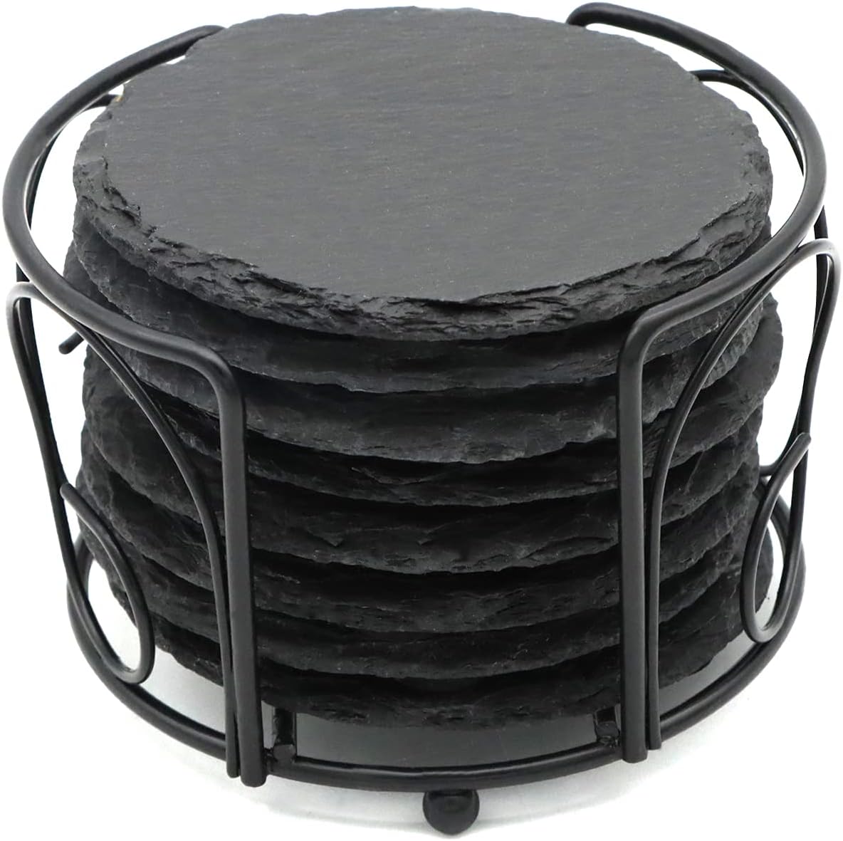 Round Slate Drink Coasters Set, 4 Inch Laser Engraving Black Slate Stone Coasters with Anti-Scratch Bottom and Coaster Holder for Office Bar Kitchen Home Dinner Table Decor Supplies