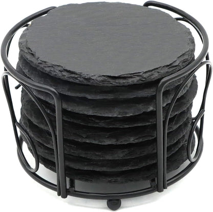 Round Slate Drink Coasters Set, 4 Inch Laser Engraving Black Slate Stone Coasters with Anti-Scratch Bottom and Coaster Holder for Office Bar Kitchen Home Dinner Table Decor Supplies