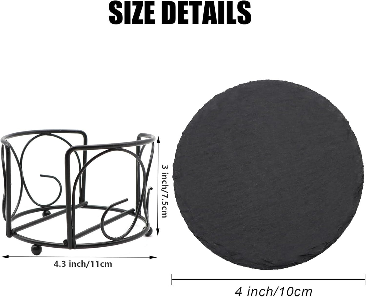 Round Slate Drink Coasters Set, 4 Inch Laser Engraving Black Slate Stone Coasters with Anti-Scratch Bottom and Coaster Holder for Office Bar Kitchen Home Dinner Table Decor Supplies