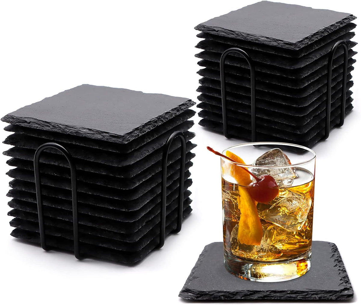 Round Slate Drink Coasters Set, 4 Inch Laser Engraving Black Slate Stone Coasters with Anti-Scratch Bottom and Coaster Holder for Office Bar Kitchen Home Dinner Table Decor Supplies