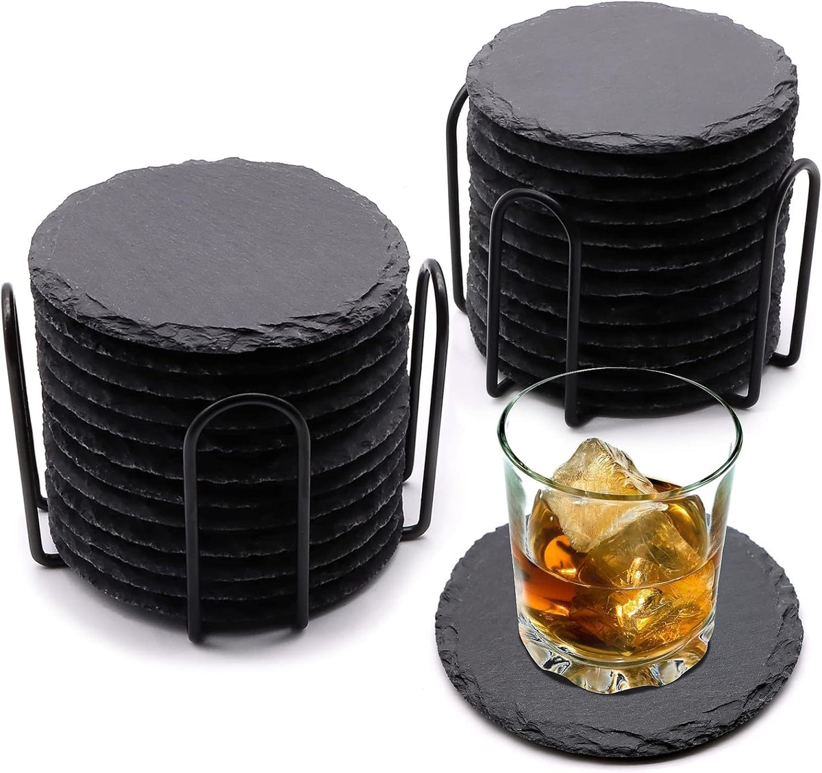Round Slate Drink Coasters Set, 4 Inch Laser Engraving Black Slate Stone Coasters with Anti-Scratch Bottom and Coaster Holder for Office Bar Kitchen Home Dinner Table Decor Supplies