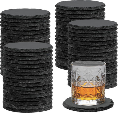 Round Slate Drink Coasters Set, 4 Inch Laser Engraving Black Slate Stone Coasters with Anti-Scratch Bottom and Coaster Holder for Office Bar Kitchen Home Dinner Table Decor Supplies