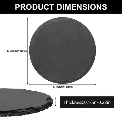 Round Slate Drink Coasters Set, 4 Inch Laser Engraving Black Slate Stone Coasters with Anti-Scratch Bottom and Coaster Holder for Office Bar Kitchen Home Dinner Table Decor Supplies
