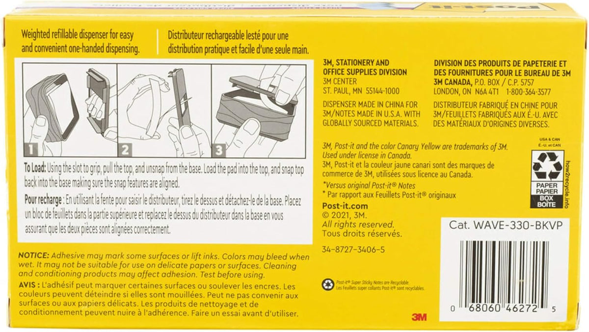 Note Dispenser, Black Wave Design, 1 Dispenser, 3 Pads