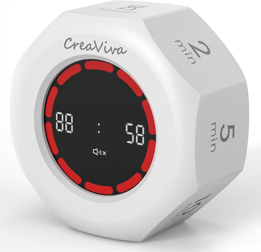 Flip Cube Pomodoro Timer - Rechargeable Visual Countdown & Count Up Stopwatch, 7 Preset Intervals, 3 Alarm Modes, Productivity Tool for ADHD, Kids, Study, Work & Kitchen (White)
