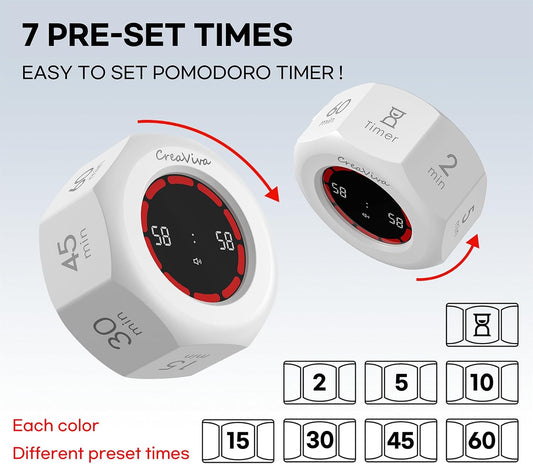 Flip Cube Pomodoro Timer - Rechargeable Visual Countdown & Count Up Stopwatch, 7 Preset Intervals, 3 Alarm Modes, Productivity Tool for ADHD, Kids, Study, Work & Kitchen (White)