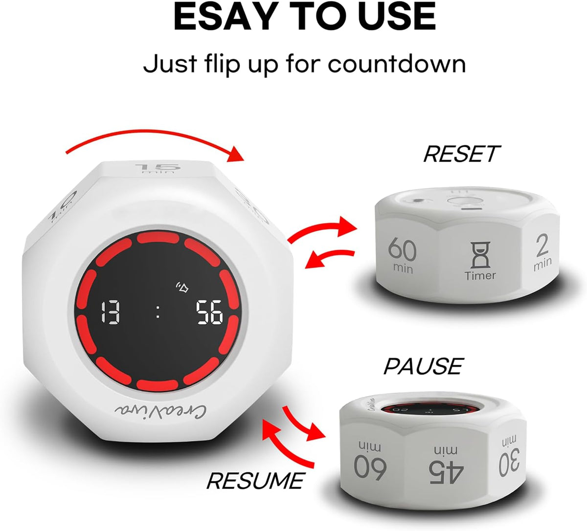 Flip Cube Pomodoro Timer - Rechargeable Visual Countdown & Count Up Stopwatch, 7 Preset Intervals, 3 Alarm Modes, Productivity Tool for ADHD, Kids, Study, Work & Kitchen (White)