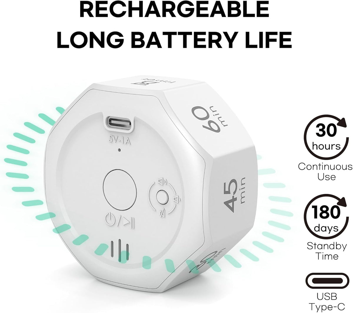 Flip Cube Pomodoro Timer - Rechargeable Visual Countdown & Count Up Stopwatch, 7 Preset Intervals, 3 Alarm Modes, Productivity Tool for ADHD, Kids, Study, Work & Kitchen (White)