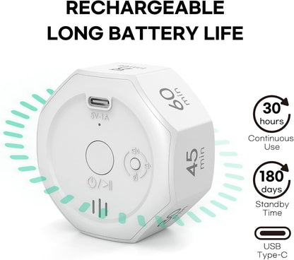 Flip Cube Pomodoro Timer - Rechargeable Visual Countdown & Count Up Stopwatch, 7 Preset Intervals, 3 Alarm Modes, Productivity Tool for ADHD, Kids, Study, Work & Kitchen (White)