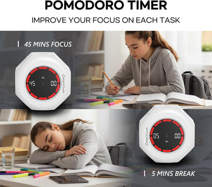 Flip Cube Pomodoro Timer - Rechargeable Visual Countdown & Count Up Stopwatch, 7 Preset Intervals, 3 Alarm Modes, Productivity Tool for ADHD, Kids, Study, Work & Kitchen (White)
