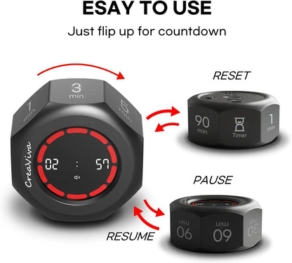 Flip Cube Pomodoro Timer - Rechargeable Visual Countdown & Count Up Stopwatch, 7 Preset Intervals, 3 Alarm Modes, Productivity Tool for ADHD, Kids, Study, Work & Kitchen (White)