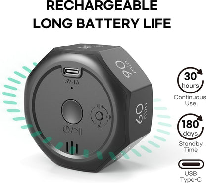 Flip Cube Pomodoro Timer - Rechargeable Visual Countdown & Count Up Stopwatch, 7 Preset Intervals, 3 Alarm Modes, Productivity Tool for ADHD, Kids, Study, Work & Kitchen (White)