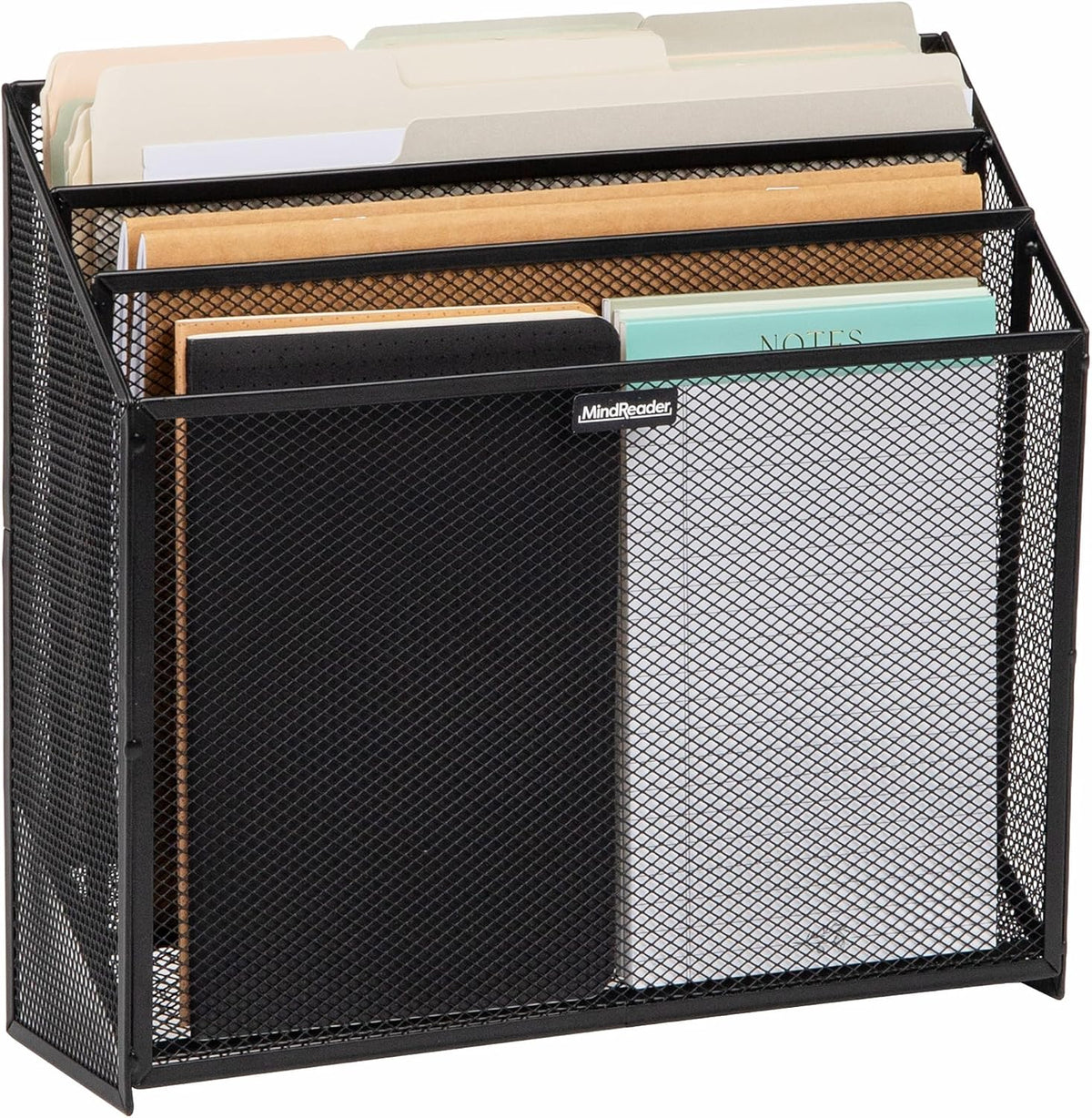 Vertical File Storage, Desktop Organizer, Workspace, Office, Metal Mesh, 12.5"L x 3.75"W x 11.5"H, Black