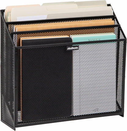 Vertical File Storage, Desktop Organizer, Workspace, Office, Metal Mesh, 12.5"L x 3.75"W x 11.5"H, Black