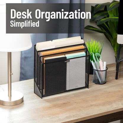 Vertical File Storage, Desktop Organizer, Workspace, Office, Metal Mesh, 12.5"L x 3.75"W x 11.5"H, Black