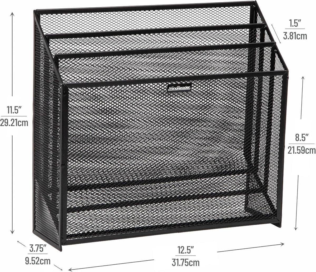 Vertical File Storage, Desktop Organizer, Workspace, Office, Metal Mesh, 12.5"L x 3.75"W x 11.5"H, Black