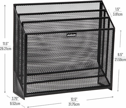 Vertical File Storage, Desktop Organizer, Workspace, Office, Metal Mesh, 12.5"L x 3.75"W x 11.5"H, Black
