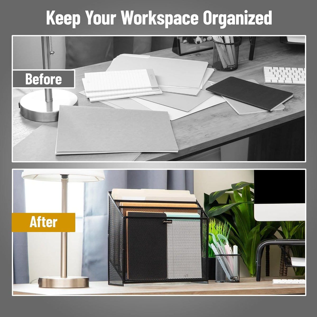 Vertical File Storage, Desktop Organizer, Workspace, Office, Metal Mesh, 12.5"L x 3.75"W x 11.5"H, Black