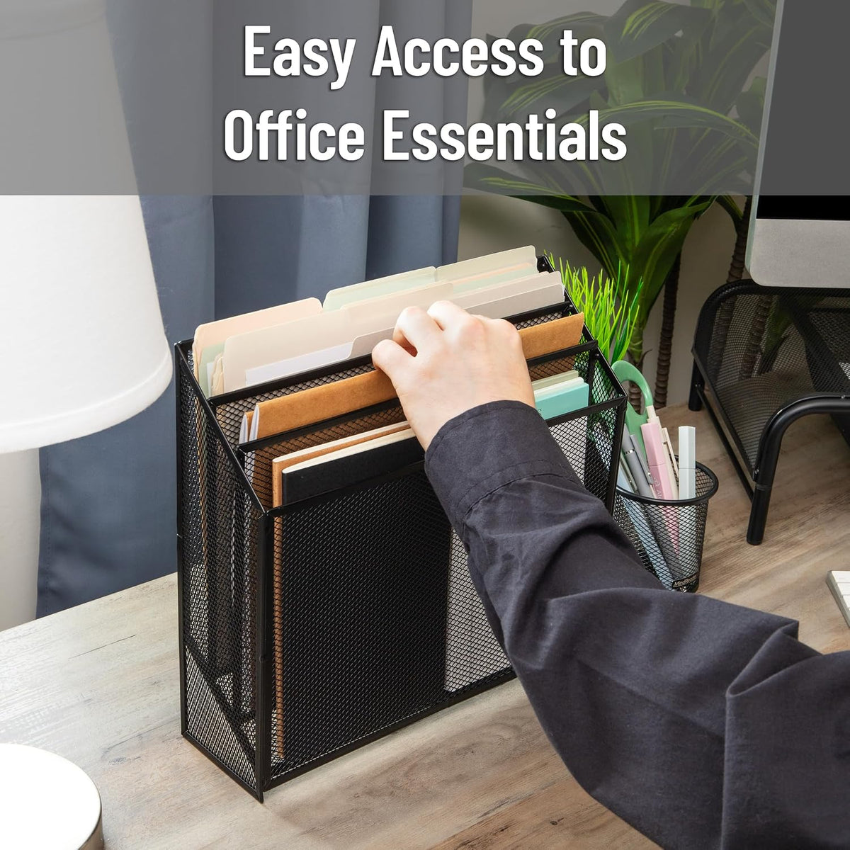 Vertical File Storage, Desktop Organizer, Workspace, Office, Metal Mesh, 12.5"L x 3.75"W x 11.5"H, Black