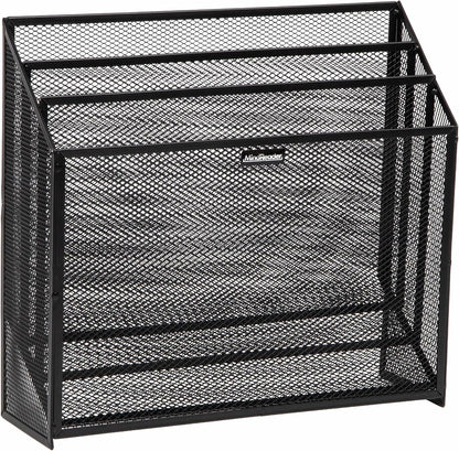 Vertical File Storage, Desktop Organizer, Workspace, Office, Metal Mesh, 12.5"L x 3.75"W x 11.5"H, Black