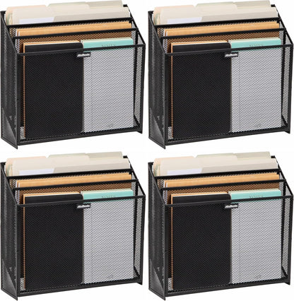 Vertical File Storage, Desktop Organizer, Workspace, Office, Metal Mesh, 12.5"L x 3.75"W x 11.5"H, Black